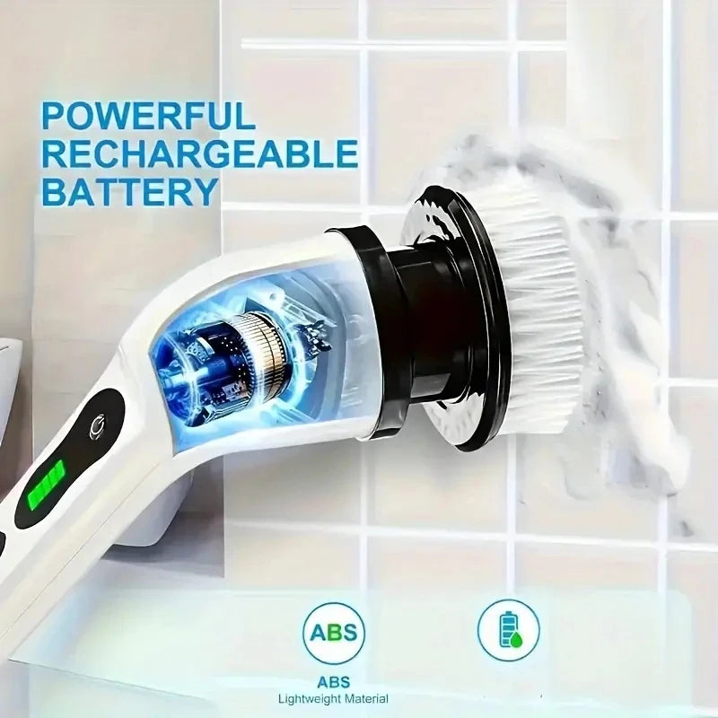 Cordless Electric Spin Scrubber | Rechargeable Bathroom Power Scrubber with 7 Replaceable Brush Heads & Adjustable Extension Handle