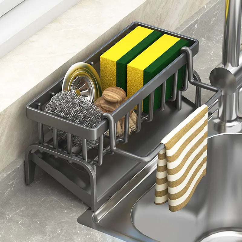 Kitchen Sink Caddy Organizer | Sponge Holder, Dish Cloth Storage Rack & Soap Drain Tray for Kitchen Sink