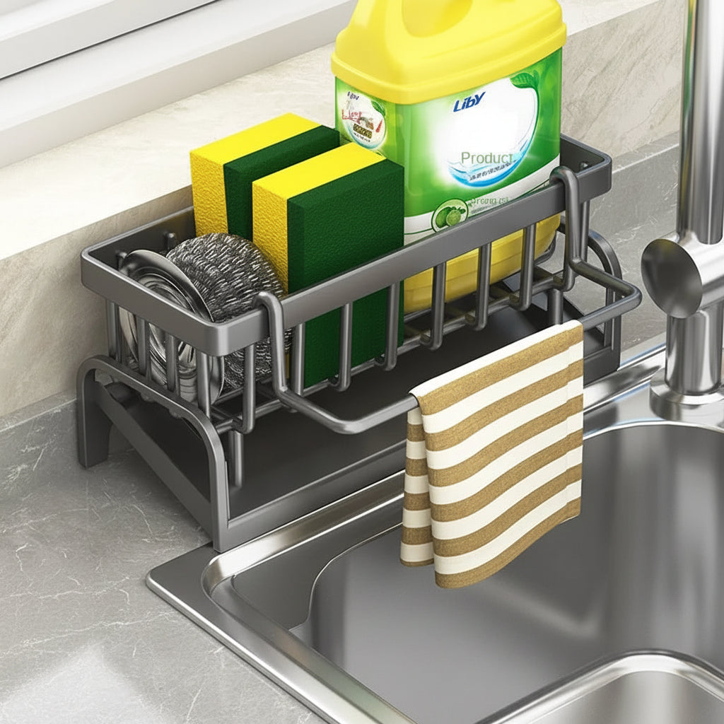 Kitchen sink caddy with cleaning supplies on a kitchen counter