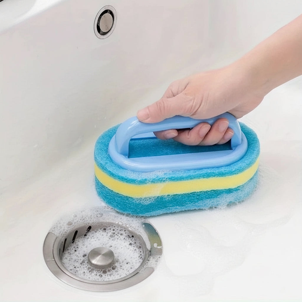 Scrub Brush with Handle | Multi-Purpose Sponge Cleaning Brush for Bathroom, Bathtub, Tile, Kitchen Sink & Household Cleaning