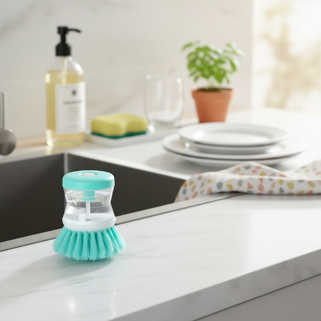 Soap Dispensing Dish Brush | Kitchen Scrub Brush for Pots, Pans, Dishes, Sink & Household Cleaning