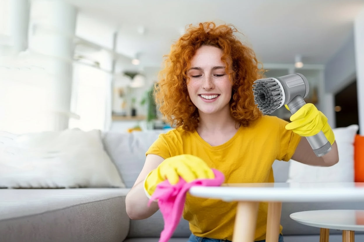 Woman cleaning a table with text highlighting the benefits of using a vacuum cleaner.