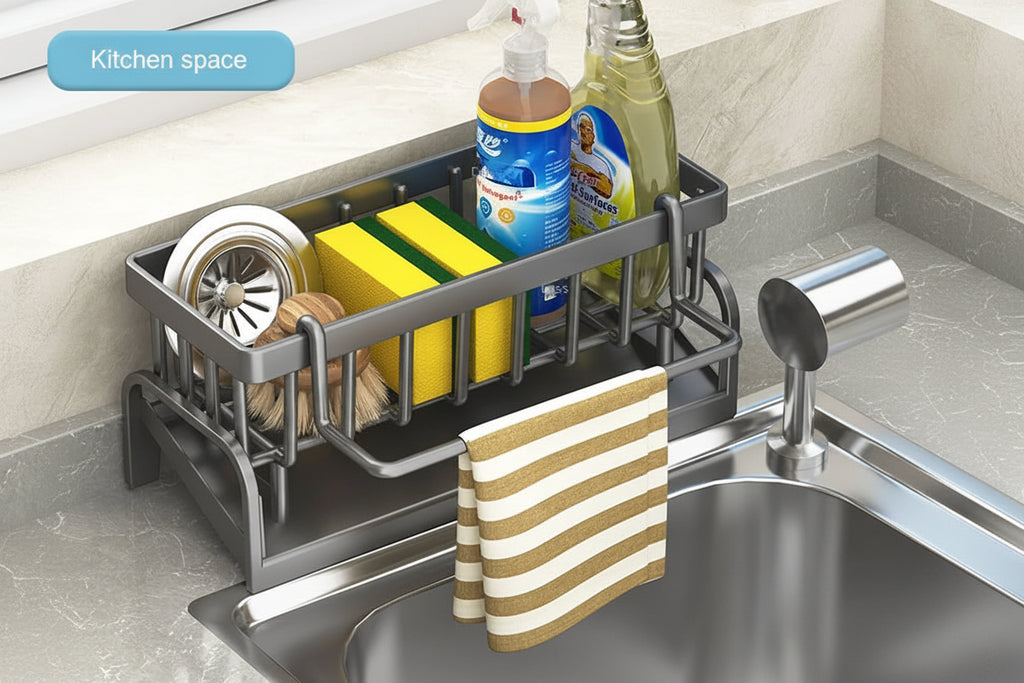 Kitchen sink caddy with cleaning supplies and a towel on a kitchen counter.