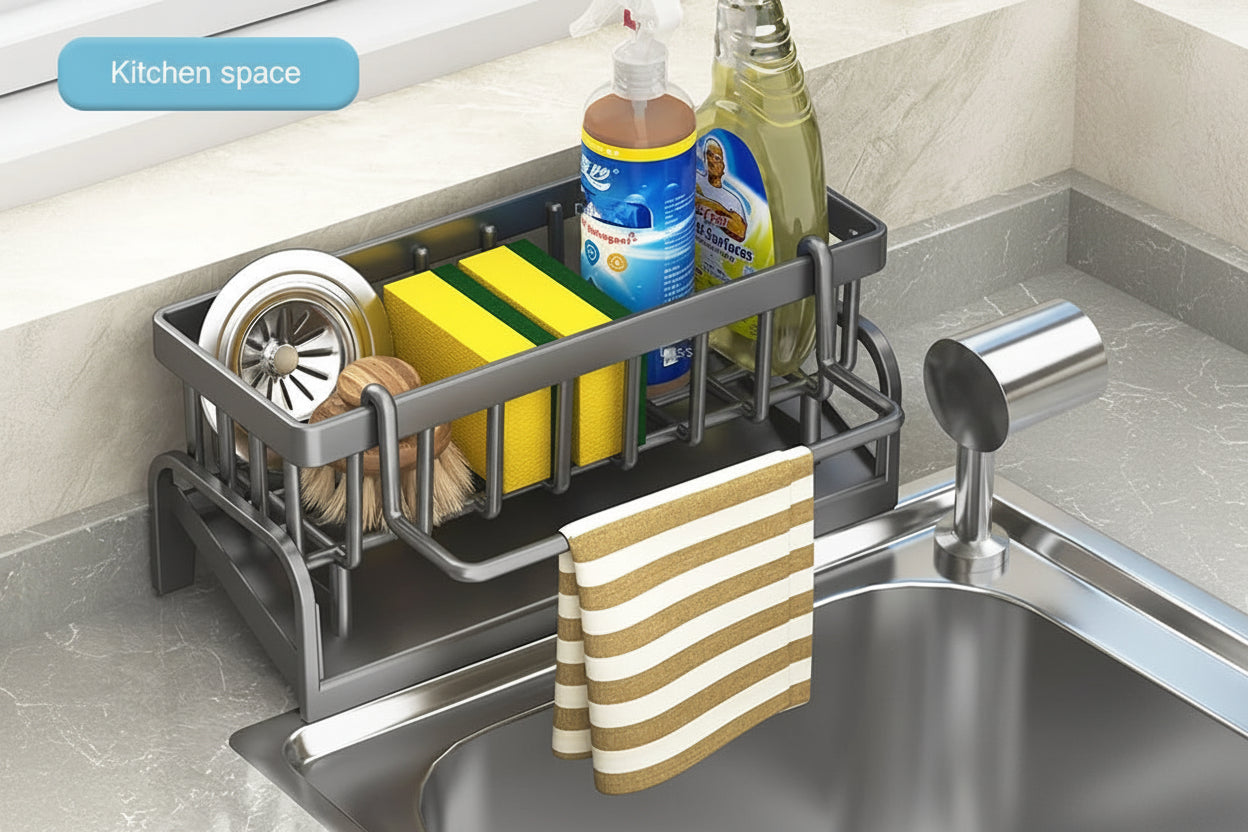 Kitchen sink caddy with cleaning supplies and a towel on a kitchen counter.
