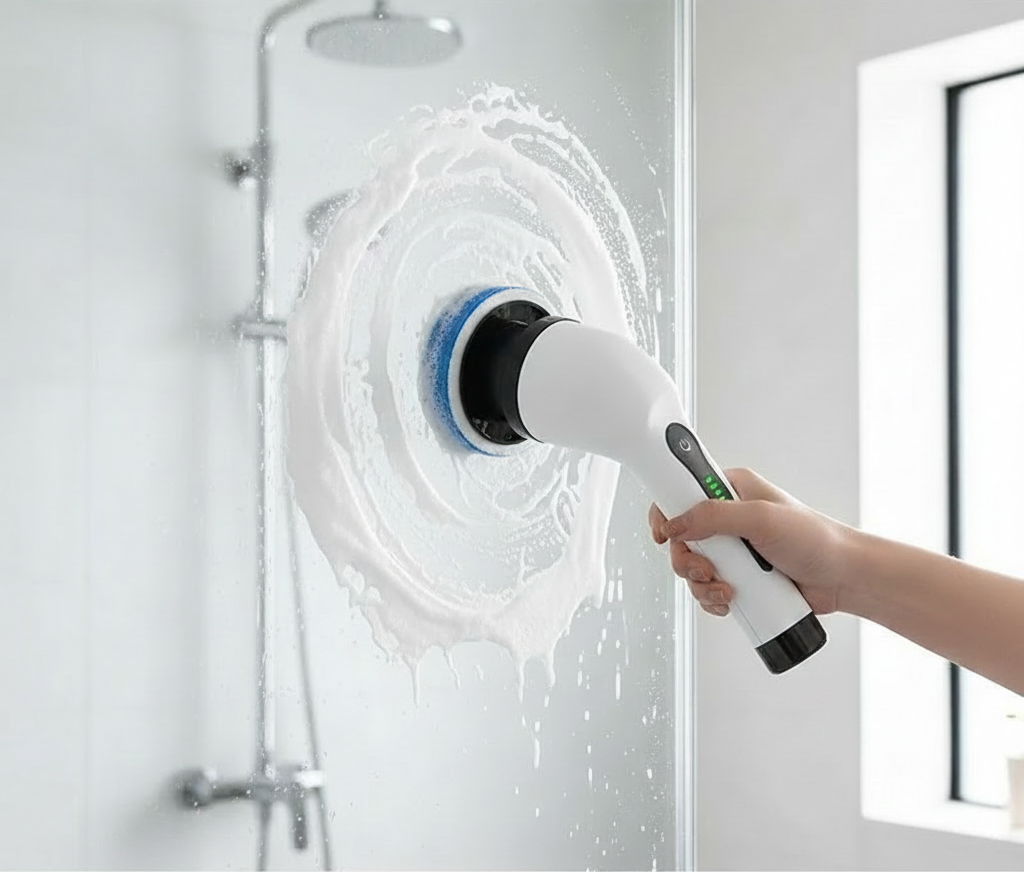 Cleaning tool with attachments for kitchen, shower glass, kitchen hood, and car cleaning.