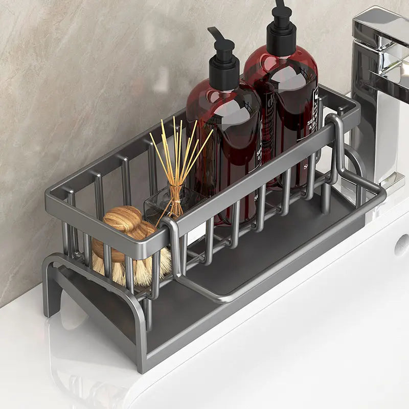 Kitchen Sink Caddy Organizer | Sponge Holder, Dish Cloth Storage Rack & Soap Drain Tray for Kitchen Sink