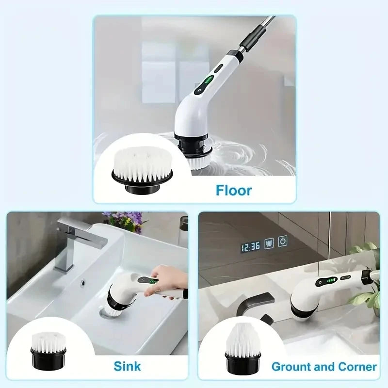 Cordless Electric Spin Scrubber | Rechargeable Bathroom Power Scrubber with 7 Replaceable Brush Heads & Adjustable Extension Handle